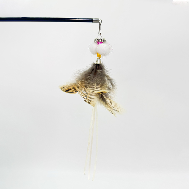 Three section cat teasing stick telescopic wholesale feather bell bucket cat stick head cat toy natural wild chicken fur cat toy