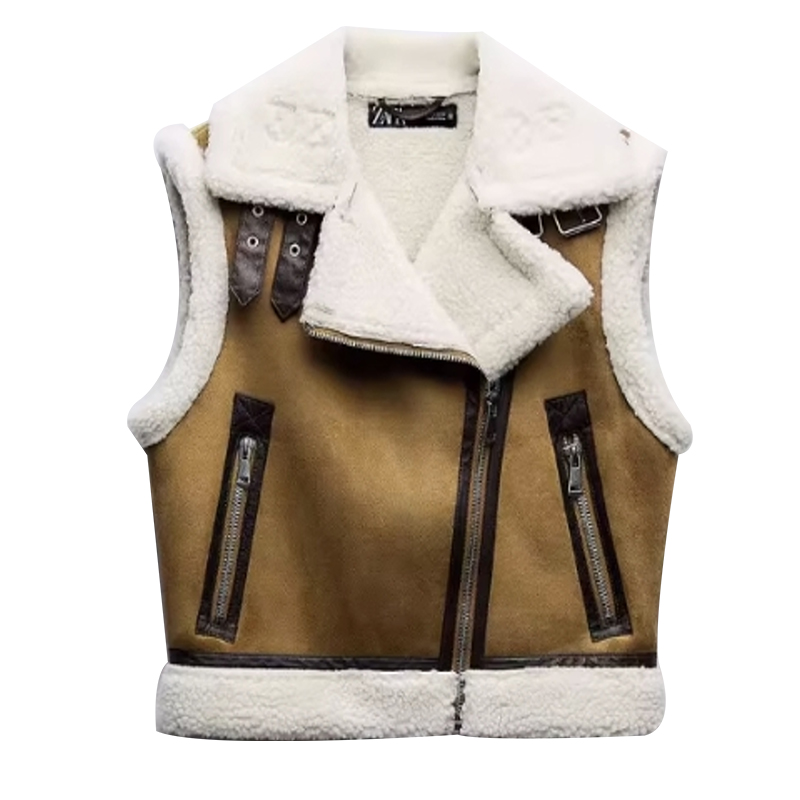 Fur one-piece vest jacket, retro lamb fur, loose zipper, suede, thick coat