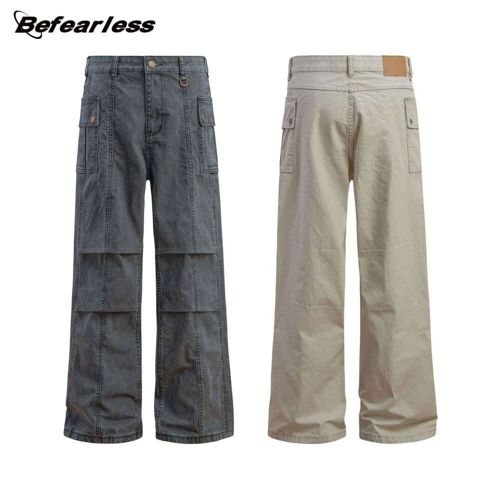 American Paratrooper Cargo Unisex Trendy Brand Straight-Leg Distressed Loose Multi-Pocket Flared Casual Pants B5