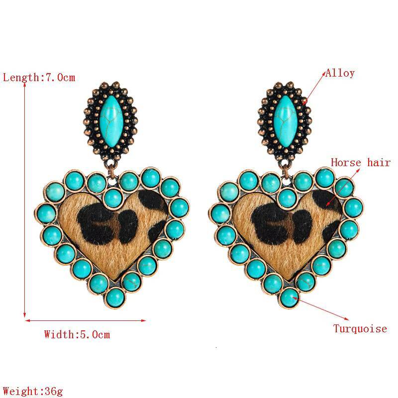 Faux Exaggerated Heart Alloy Set Turquoise Leopard Print Leather Earrings Suitable for Women Uionen 913