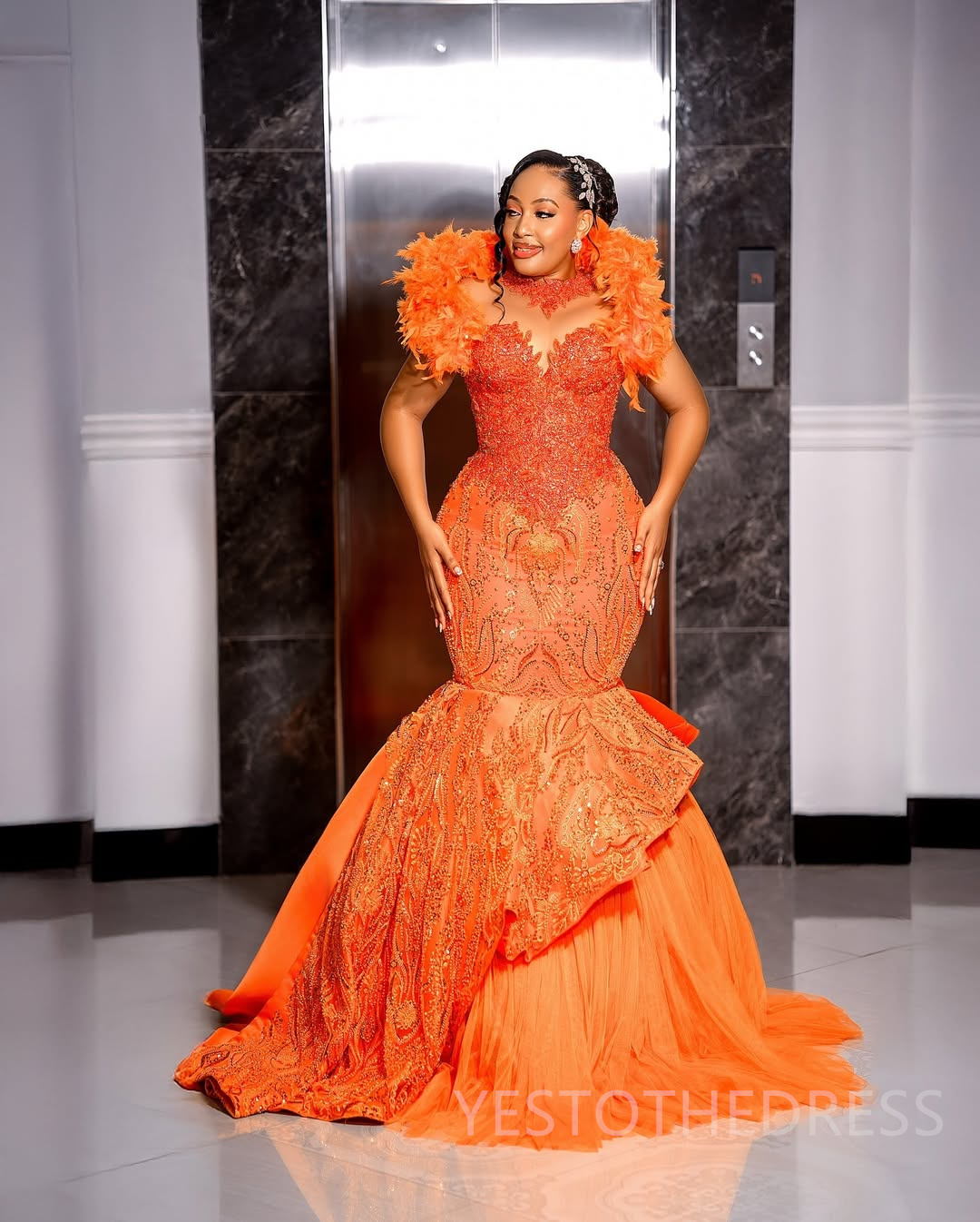 Plus Size Orange Prom Dress 2025 Evening Dresses For Special Occasions High Neck Appliqued Lace Beaded Lace Feathered Birthday Dress Second Reception 