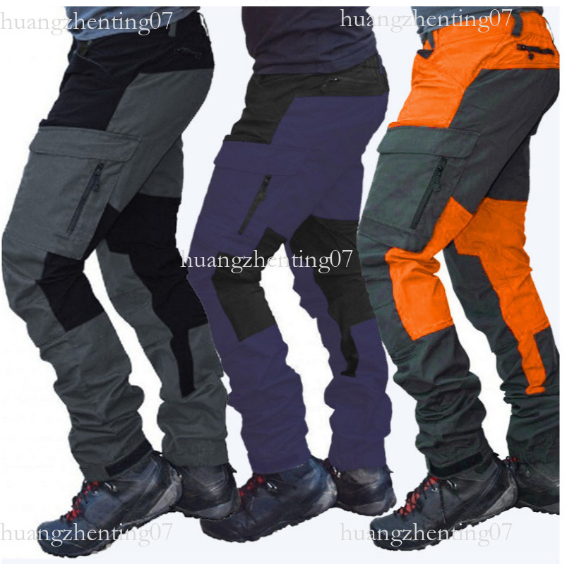 Cross Border Slim Fit Outdoor Sports Fashion Motorcycle Casual Multi Pocket Color Block Cargo Pants for Men K