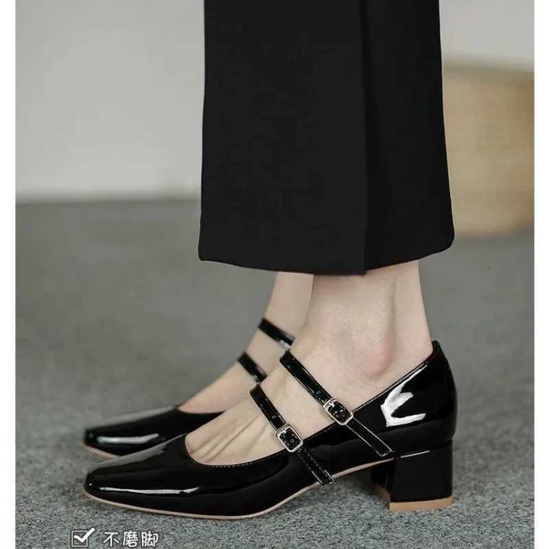Spring Autumn Women Double Buckle Mary Janes Shoes Patent Leather Dress Square Head Square Heel Solid Color Womens Pumps W250814