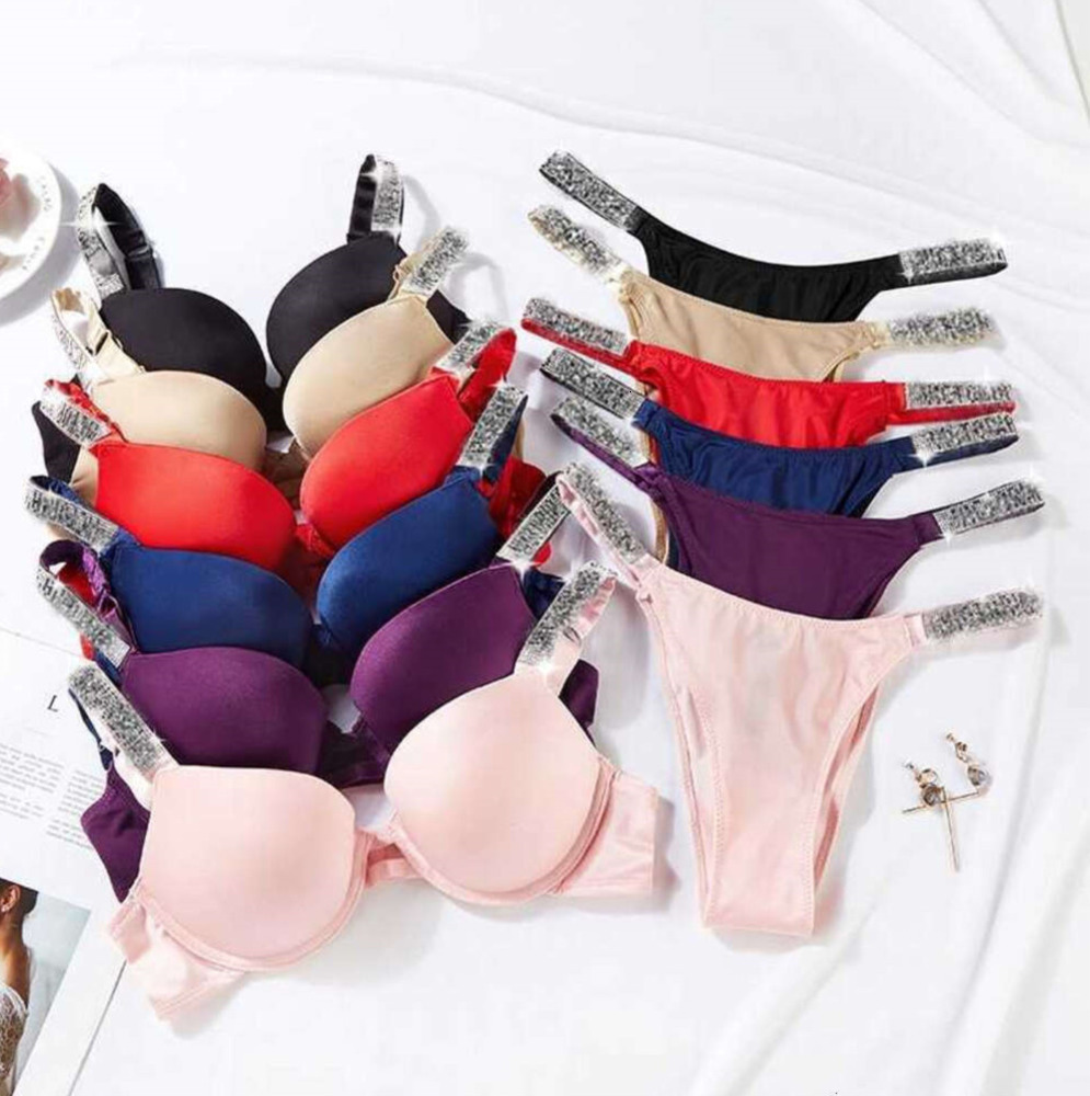 2026 Brand Letter Rhinestone Underwear Women Sex Secrets Bikini Thong Lingerie Set Adjustable Push Up Bra BCD Cup Panty 2 Piece Comfortable T260303