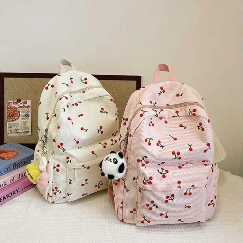 Corduroy Backpack Cherry Pattern Women Travel Daypack Adjustable Strap Laptop Backpack Zipper for Work Shopping School Backpacks XJ250814
