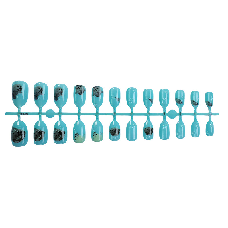 24pcs Shiny Green Cat Eye False Cute Seal Print Fake Tips Wearable Reusable Glossy Short Round Press on Nails X250814