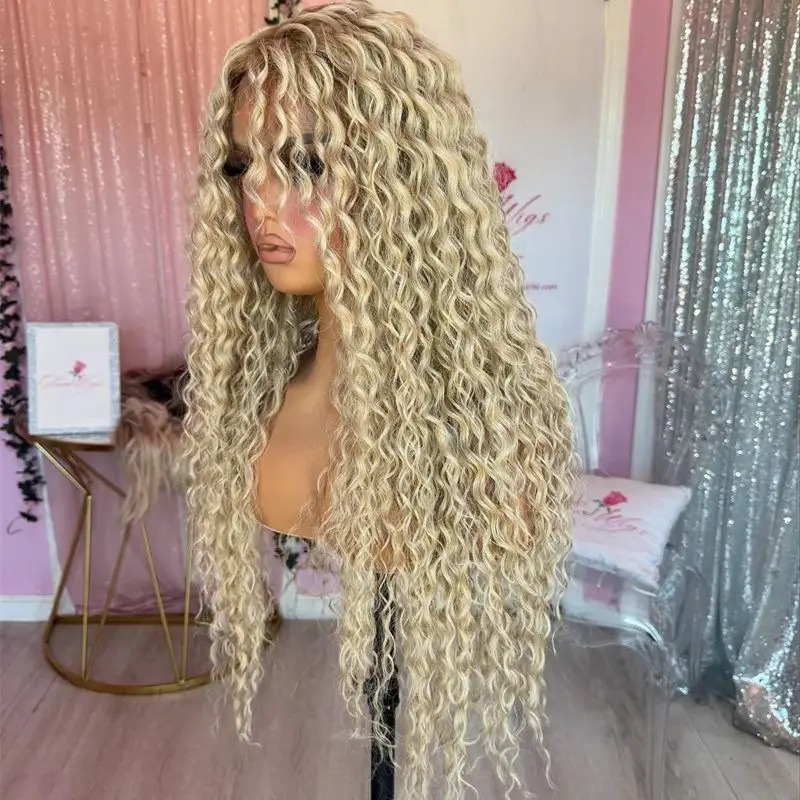 Ash Blonde Curly Wave Lace Front Wig Human Hair for Black Women 180% Density HD Transparent Deep Wave Lace Frontal Wigs Synthetic Ready To Wear