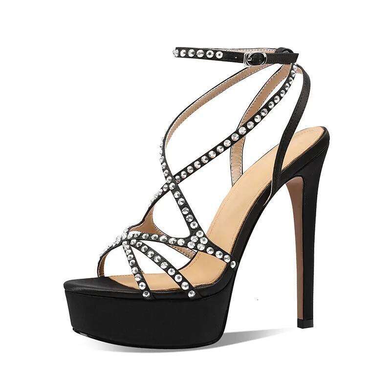Arden Furtado 2025 Summer Silk Round Open toe Platform Super high heel Sexy Crystal word-cingulate Ankle Strap Sandals