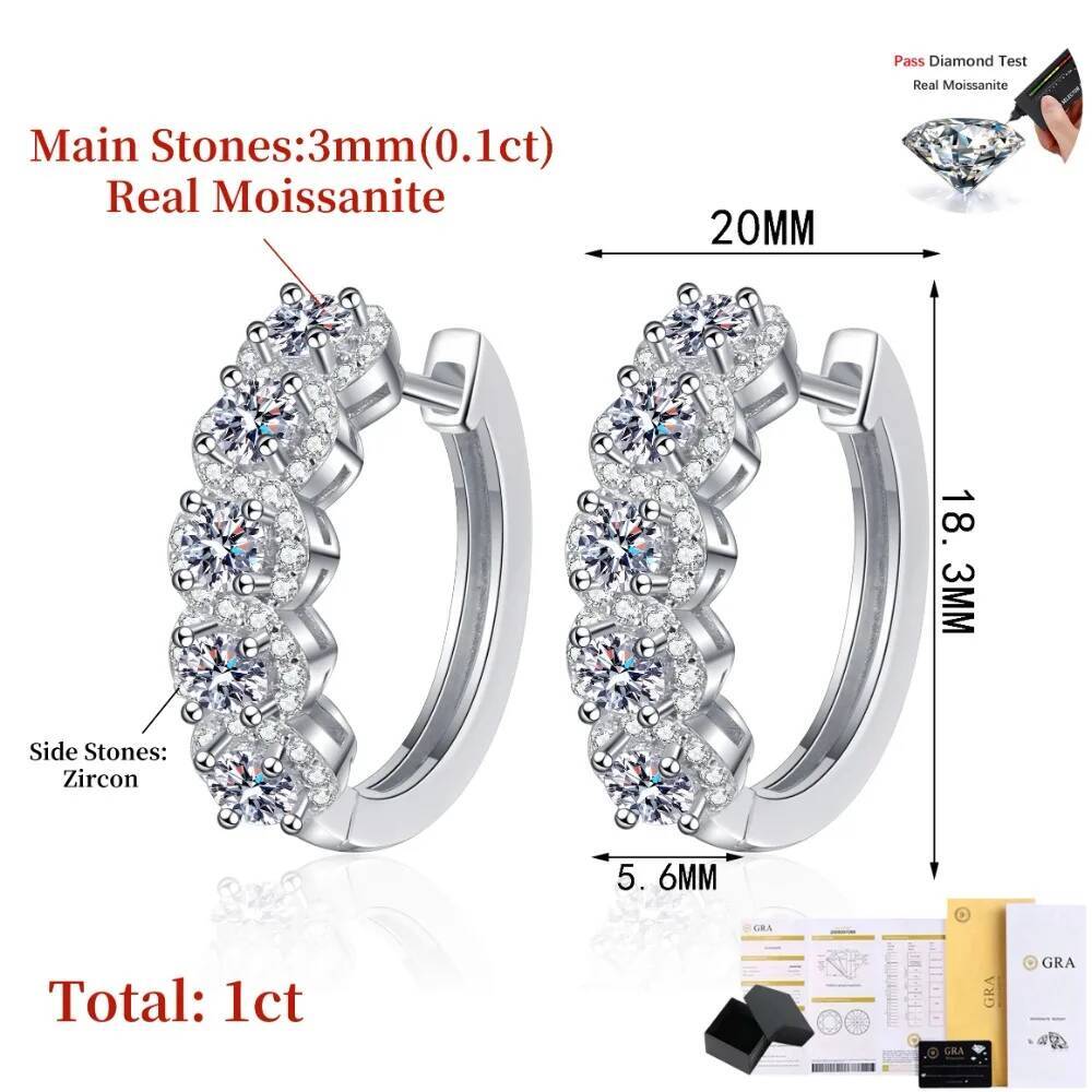 NKHOG 1CTTW Real Moissanite Hoop Earrings 925 Sterling Silver Diamond Wedding Ear Stud For Women Gift Fine Jewelry GRA Certified