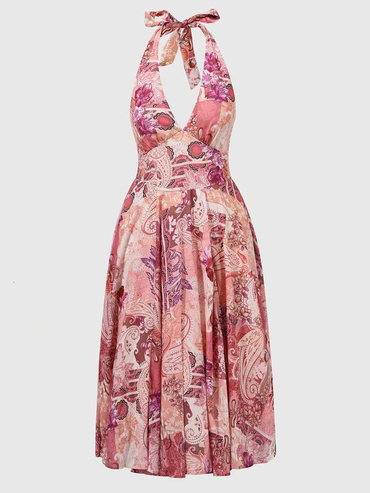 Floral Print Halter High Waist Flowy Midi Dress for Beach School/Graduation Evening Dating Backless XJ250814