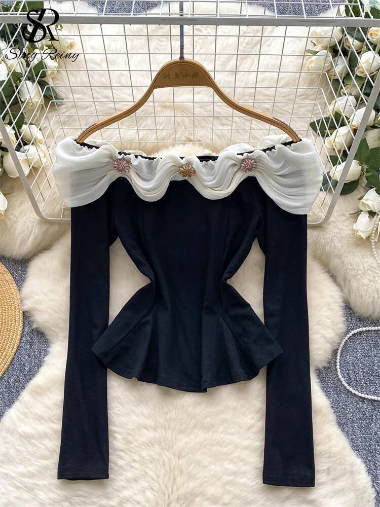 2025 off shoulder hot and spicy top women's diamond slant neck YK short T-shirt lightweight luxury new fashion autumn slim fit women's shirt