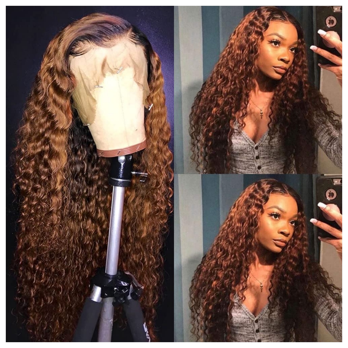 Deep Wave Lace Front Wigs Ombre Auburn Brown with Black Roots Glueless Wigs Pre-plucked Water Wave Frontal Wig Wear And Go Glueless Wig Synthetic