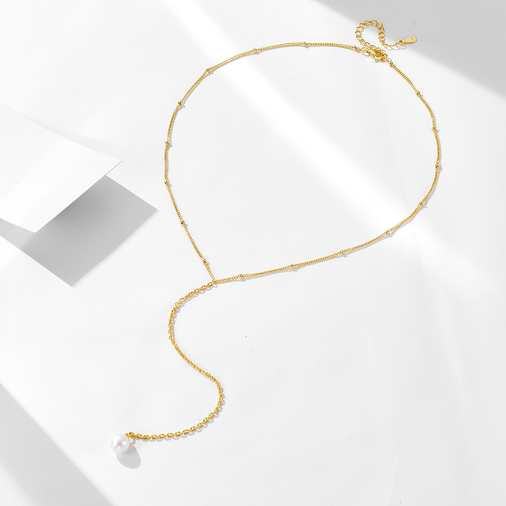 S Pure Sier Y-Type Natural Cultured Pearl Clavicle for Women Simple Fashion Long Tassel Chain Sweater Necklace