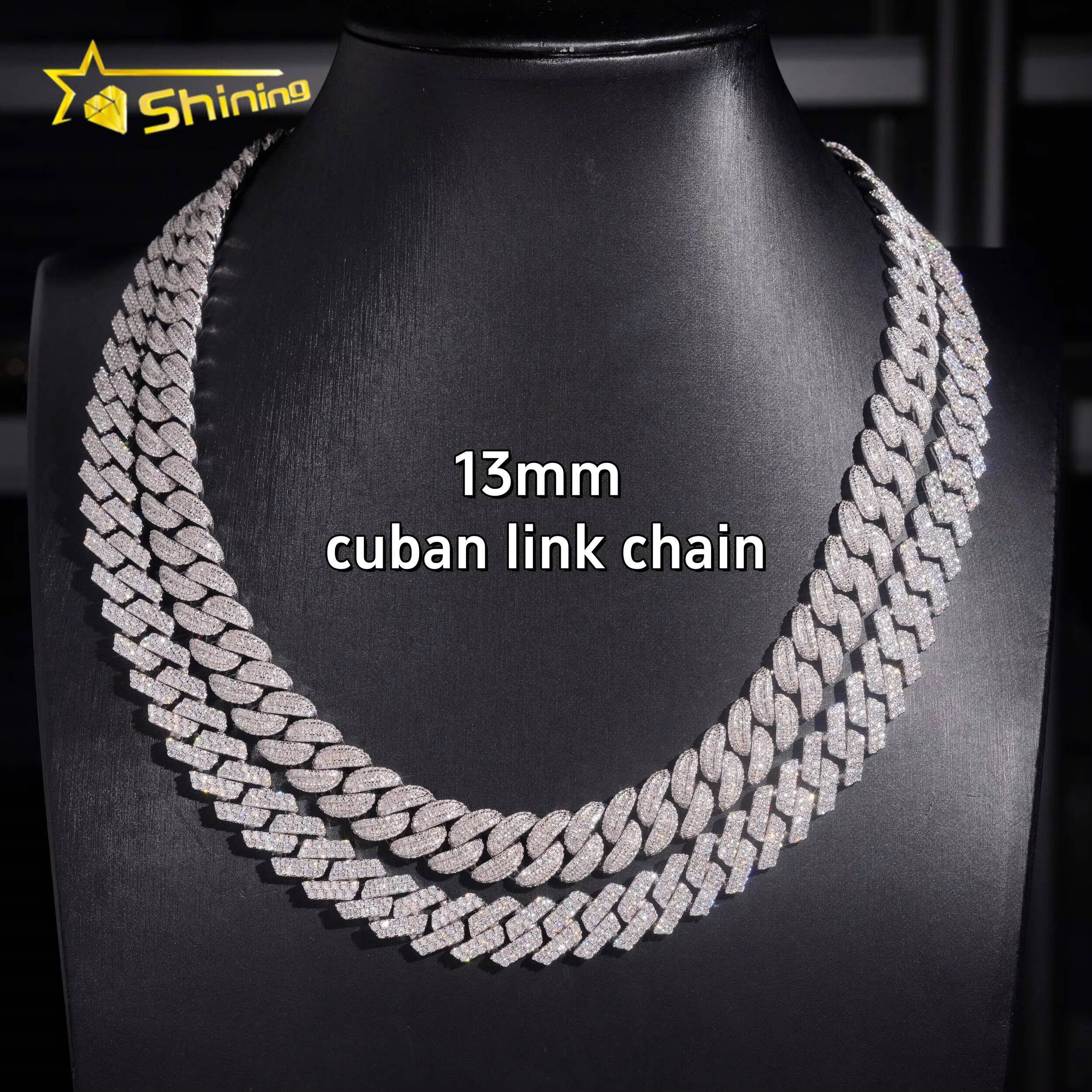 Promotion Sales RTS Hip Hop Jewelry 13mm Solid 925 Sterling Silver Men Necklace Iced Out VVS Moissanite Cuban Link Chain