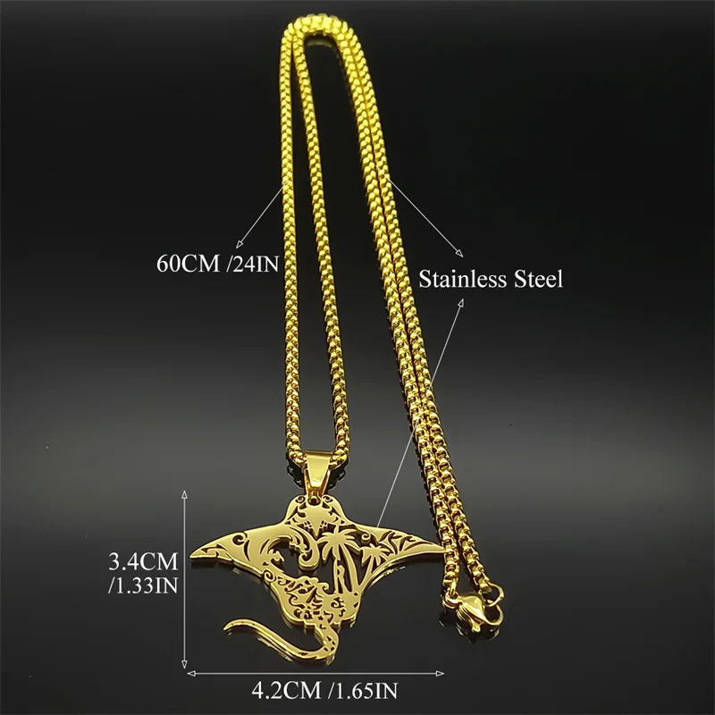 Cute Manta Ray Sea Devil Fish Pendant Necklace For Women Men Stainless Steel Gold Silver Color Coconut Tree Nature Chain Jewelry 250812