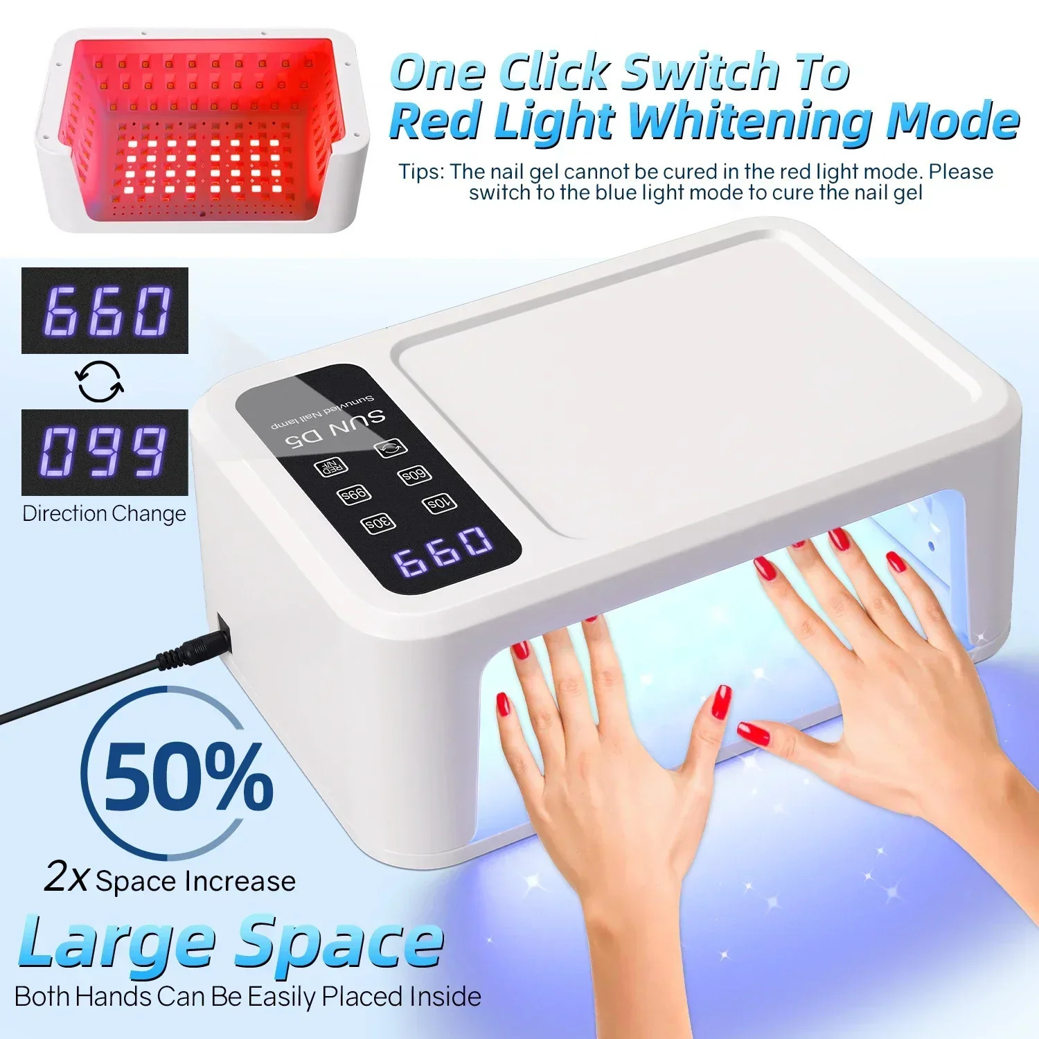480W UV LED Lamp for Nails 108 LEDs Nail Dryer with Red Light Whitening Mode Large Space Manicure Lamp 4 Timer Settings 250807