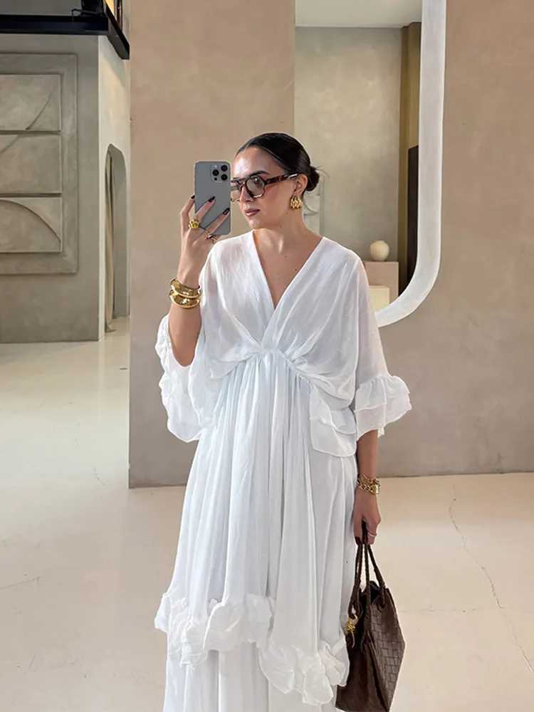 Solid Patchwork Ruffle Hem Loose Dress Chic V-neck Half Sleeve High Waist Long Dresses 2025 Fe Summer Daily Comte Gowns XJ250814