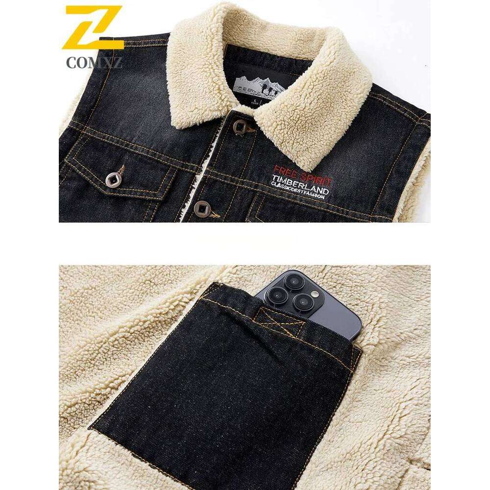 Denim Vest Autumn and Winter New Solid Color Veet Plush Chest Pocket Design Business Lapel Coat Men's Sleeveless Jacket