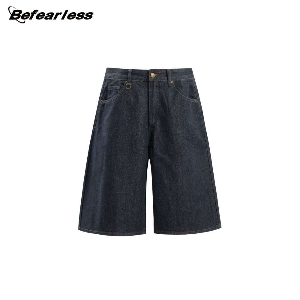 American Style Genuine Leather Cropped Jeans Unisex Summer Trendy Loose Fit Casual Shorts B5