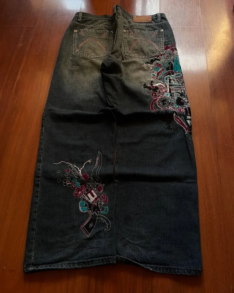 Retro Harajuku Fashion High Waist Graphic Embroidery Oversized Jeans Men Y2k American Hip Hop Street Rock Casual Pants Women 250813