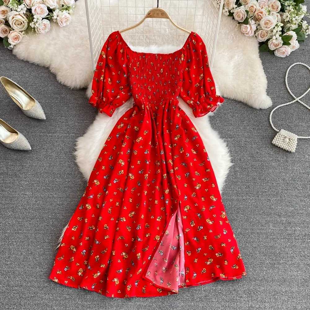 2026 Fashion New Summer Flower Print Long Dress Women Vintage Square Neck Ruched Chest Split Sundress Party Dresses XJ250814