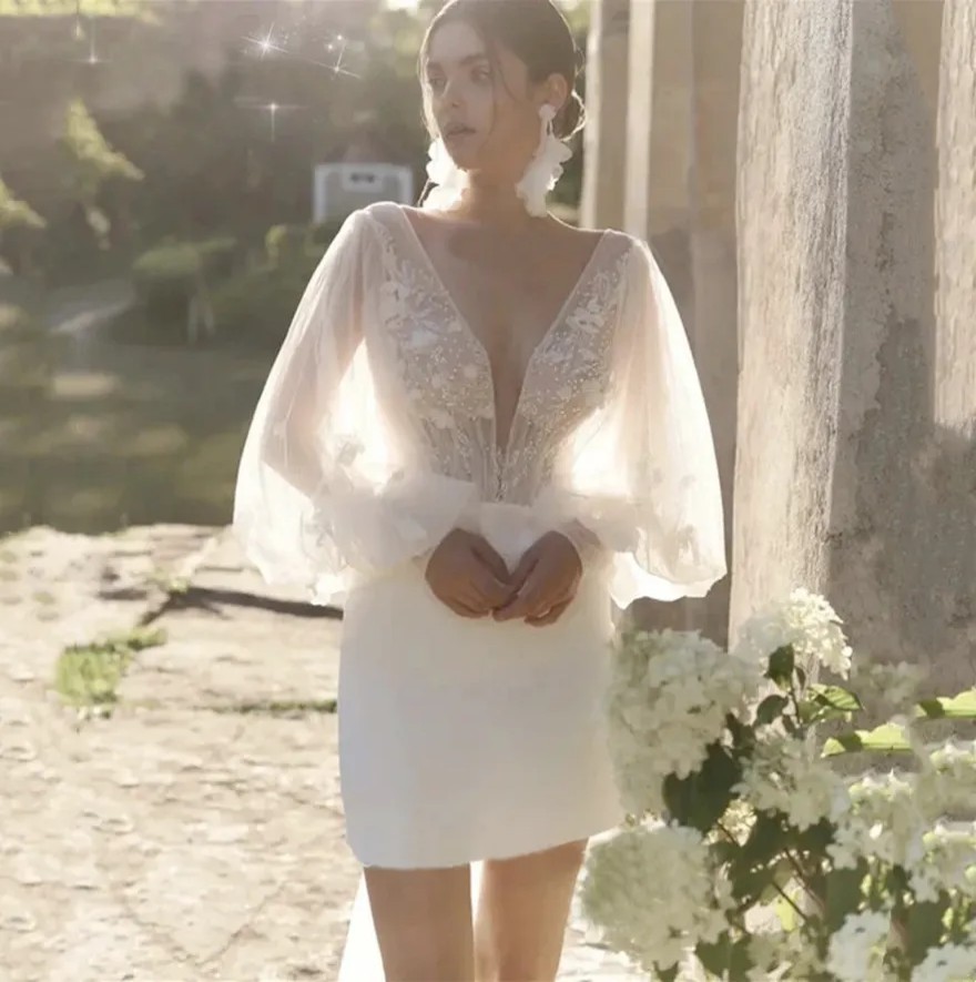 Customized Modern Mini Tulle Wedding Dress Illusion Long Sleeves Appliques Sexy Deep V-Neck Bridal Dress Simple Sweep Train 2025