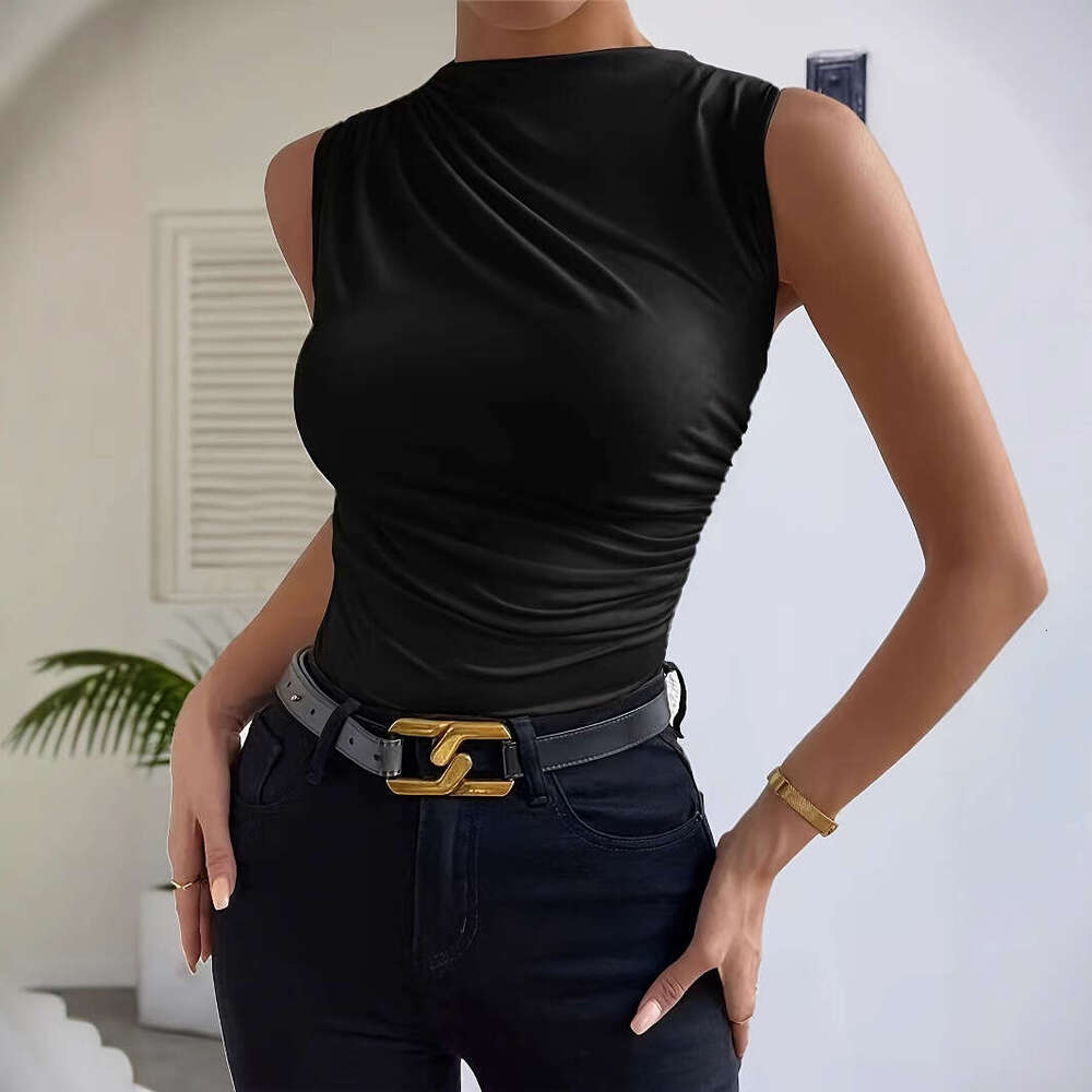 European 2025 Spring Summer New Fashion Versatile designer t shirt Solid Color Ruched Sleeveless Pullover Half High Neck T-Shirt