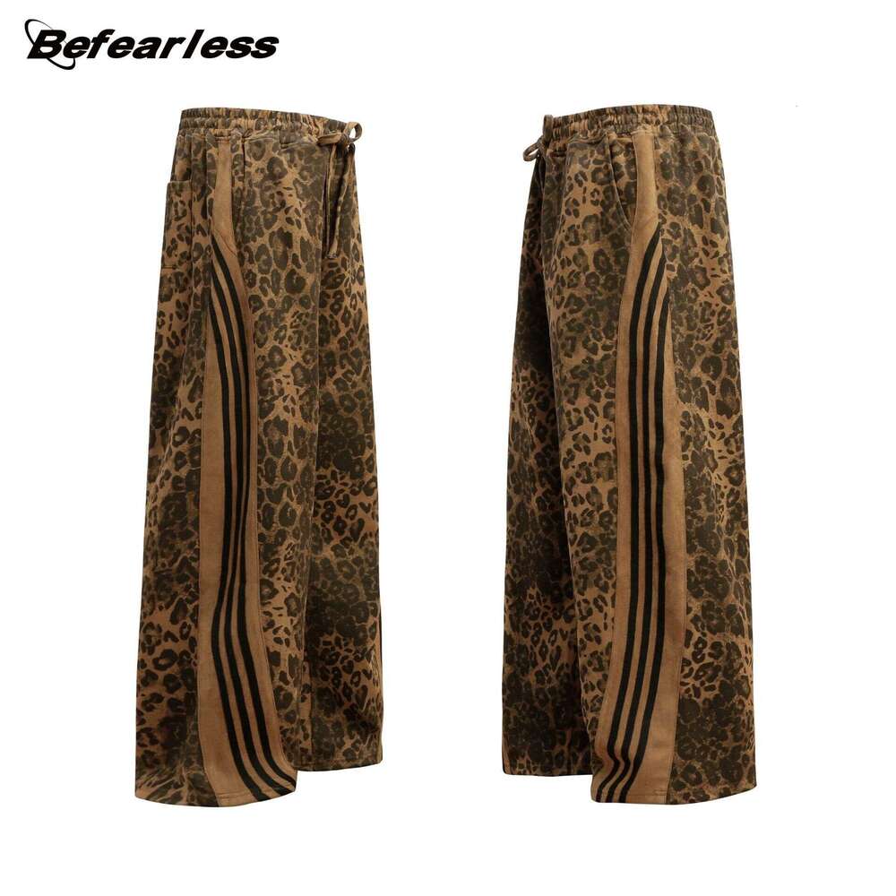 American Style Leopard Print Three Stripes Cargo Unisex Trendy Brand Casual Loose Straight Street Dance Joggers Floor-Length Pants B5