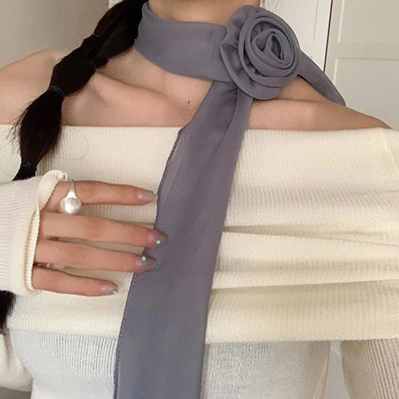 Women French Long Rose Flower Silk Scarf Flutter Shirt Y2K Fashion Temperament Accessories Summer Sunscreen Sunshade Scarfs 250813