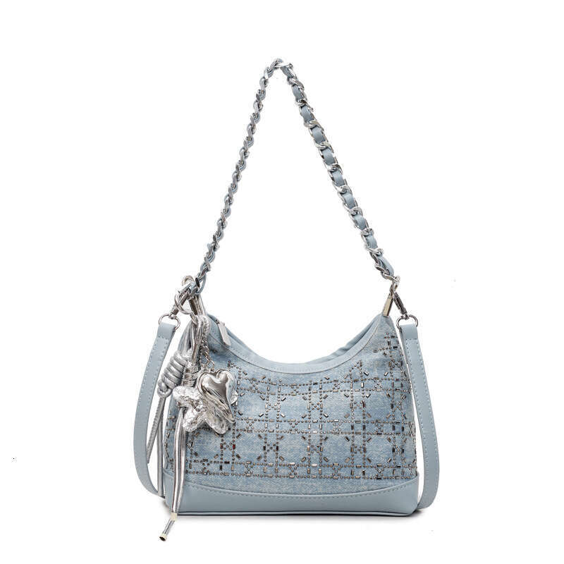 Summer New 2025 Denim Blue Rhinestone Sequin Fashionable High-End Single Shoulder Basket Handbag