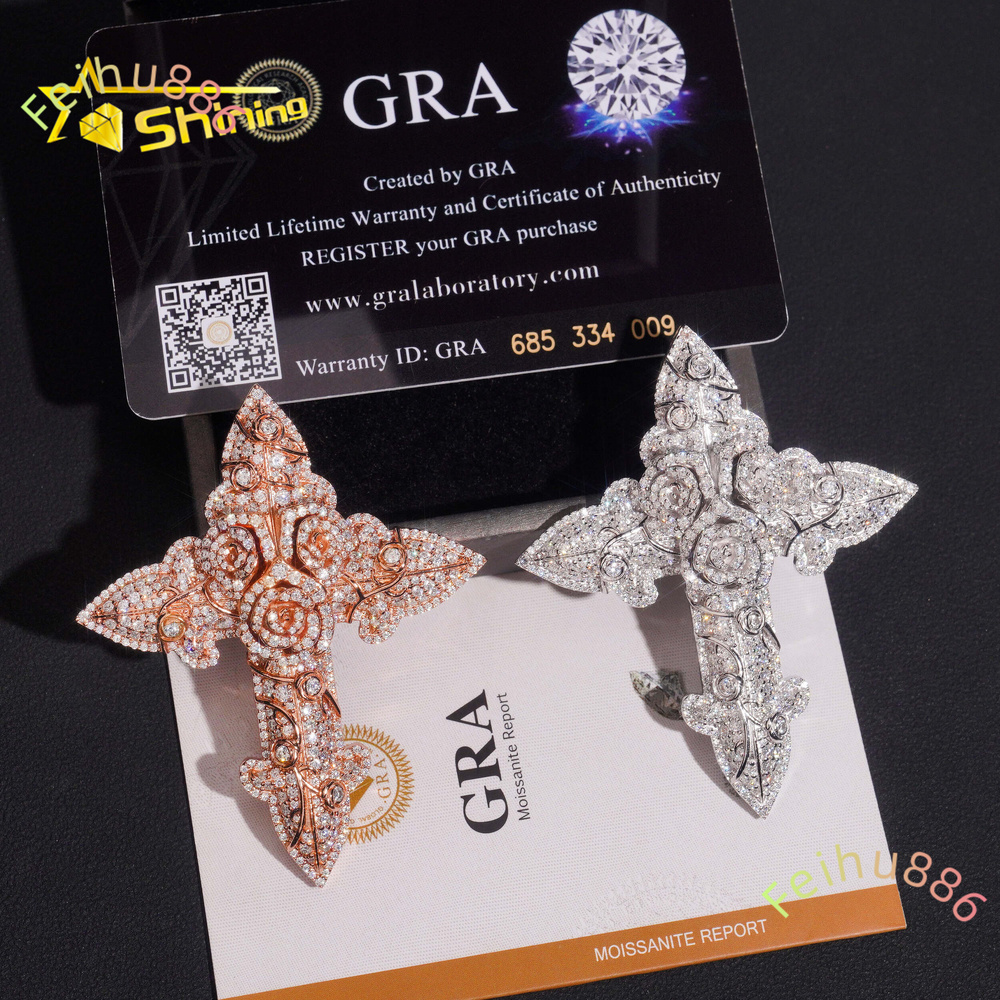 Hip Hop Rose Cross Moissanite Pendant 925 Sterling Silver Gold Plated Moissanite Pendant Iced Out Diamond Charm Pendant