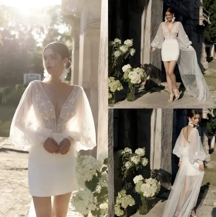 Customized Modern Mini Tulle Wedding Dress Illusion Long Sleeves Appliques Sexy Deep V-Neck Bridal Dress Simple Sweep Train 2025