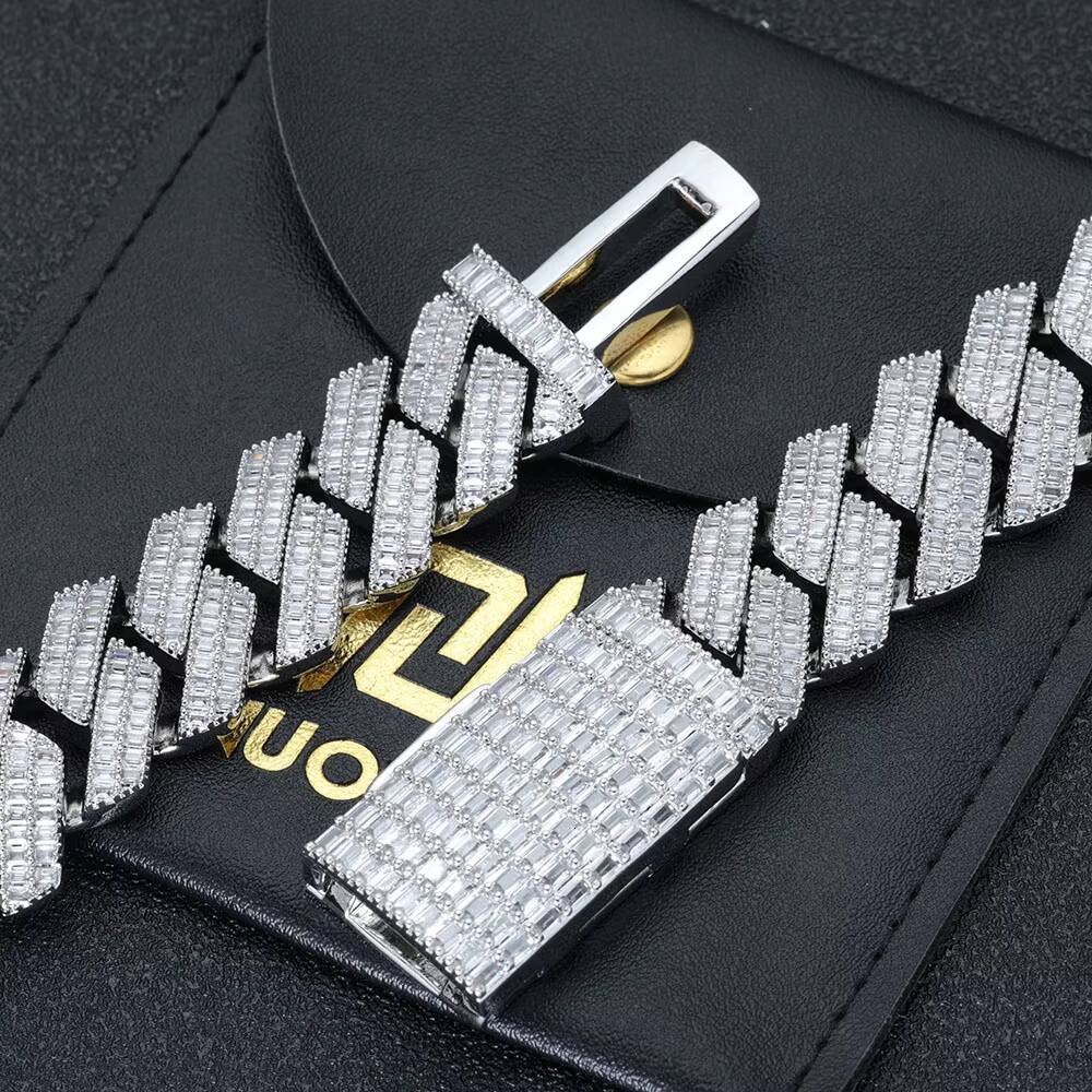 NUOYA Fine Jewelry 20mm 925 Sterling Silver Chunky Cuban Link Chain Pass Diamond Test Baguette VVS Moissanite Necklace Women