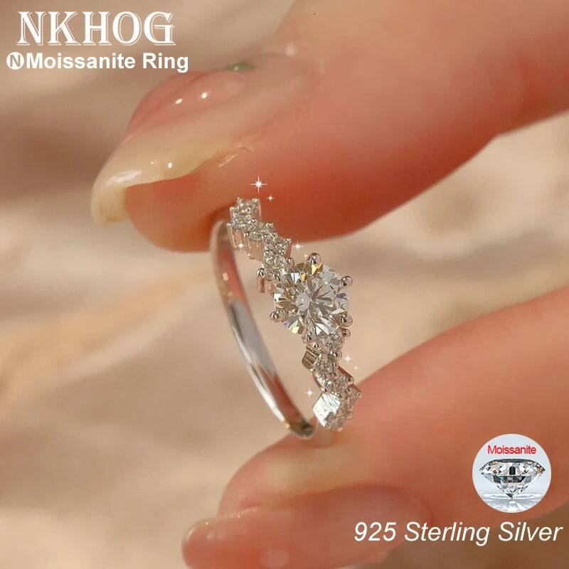 NKHOG Real S925 Silver 1ct Moissanite Ring Women Pass Diamond Test Plated 18K White Gold Band Engagement Wedding Rings Jewelry