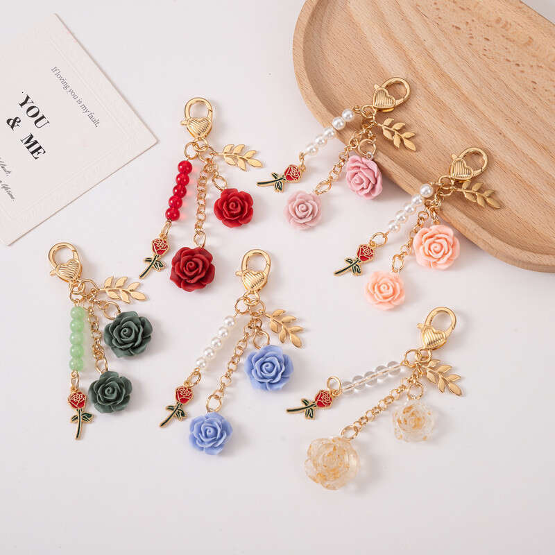 Ins Rose Flower Resin Camellia Alloy Door Buckle Keychain Accessories USB Flash Drive Pendant Car Hanging Decoration