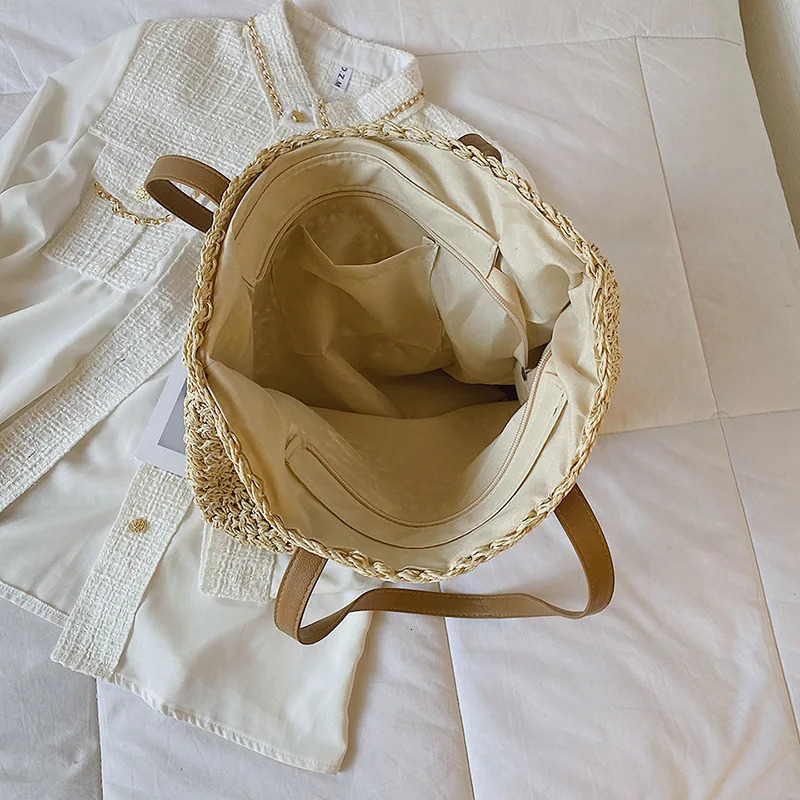 Handmade Woven Straw Beach Bag Large Capacity Shoulder Bag Women Raffia Travel Shopper Summer Vacation Casual Handbags250813