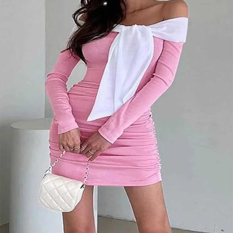 Womens Off-the-Shoulder Long Sleeve Dress with Butterfly Straps Pleated Design Elegant Feminine XJ250814