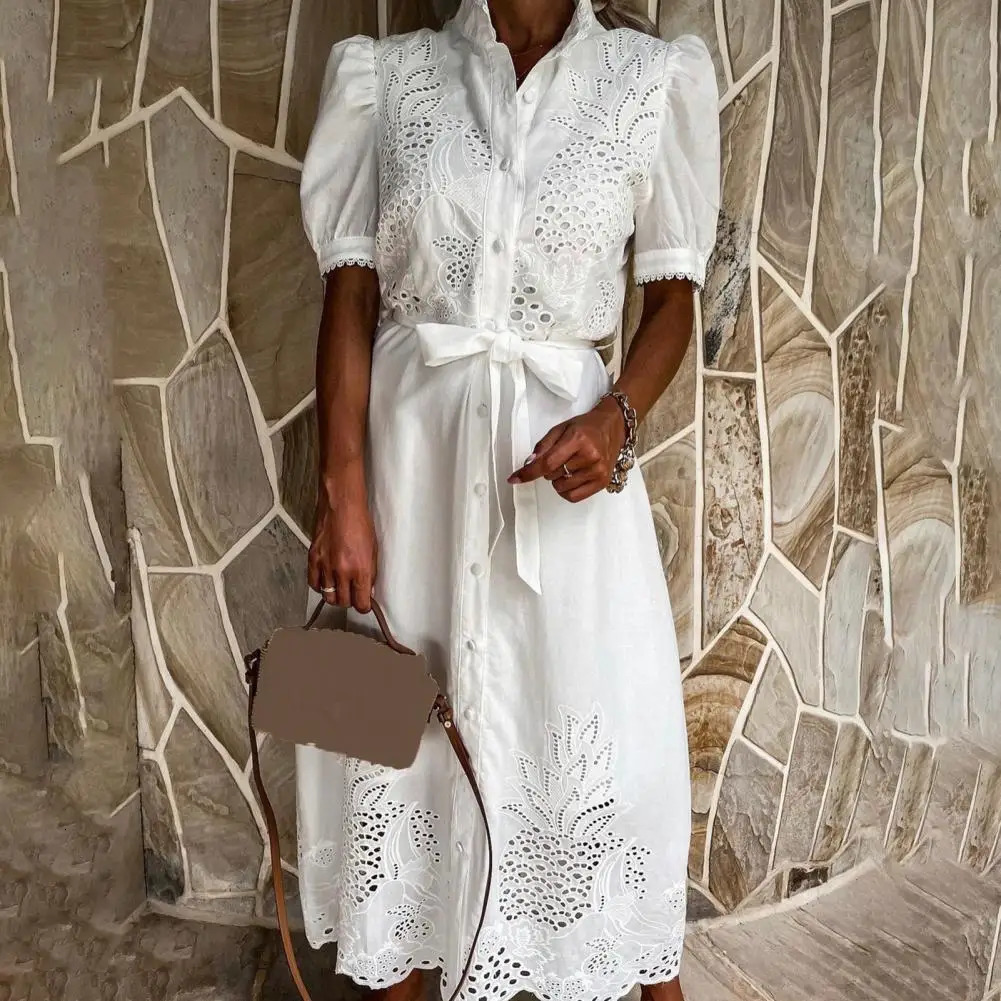 Lace-up Women Shirt Dress Summer Elegant Single Breasted Puff Sleeve Maxi Dress Vestidos Bohemian Sundress Party Robe 250813
