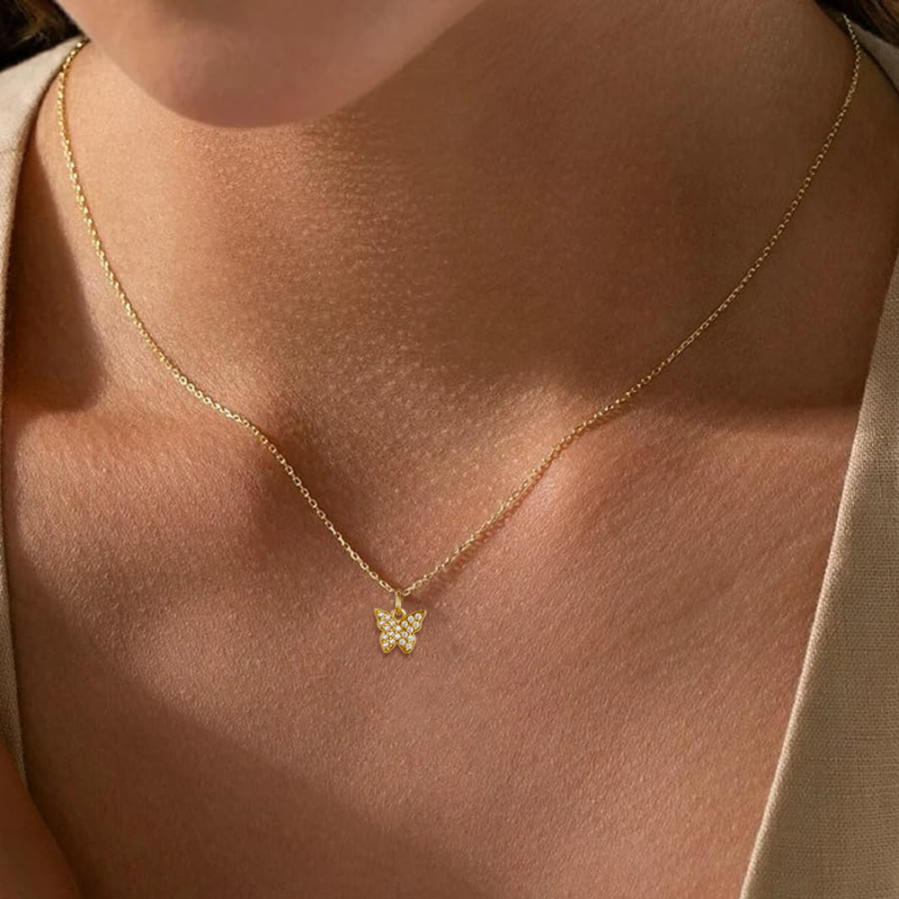 Pure Sier Full Dia Small Butterfly Necklace for Women, Simple Fashion Light Ins Style High-end Zircon Collarbone Chain