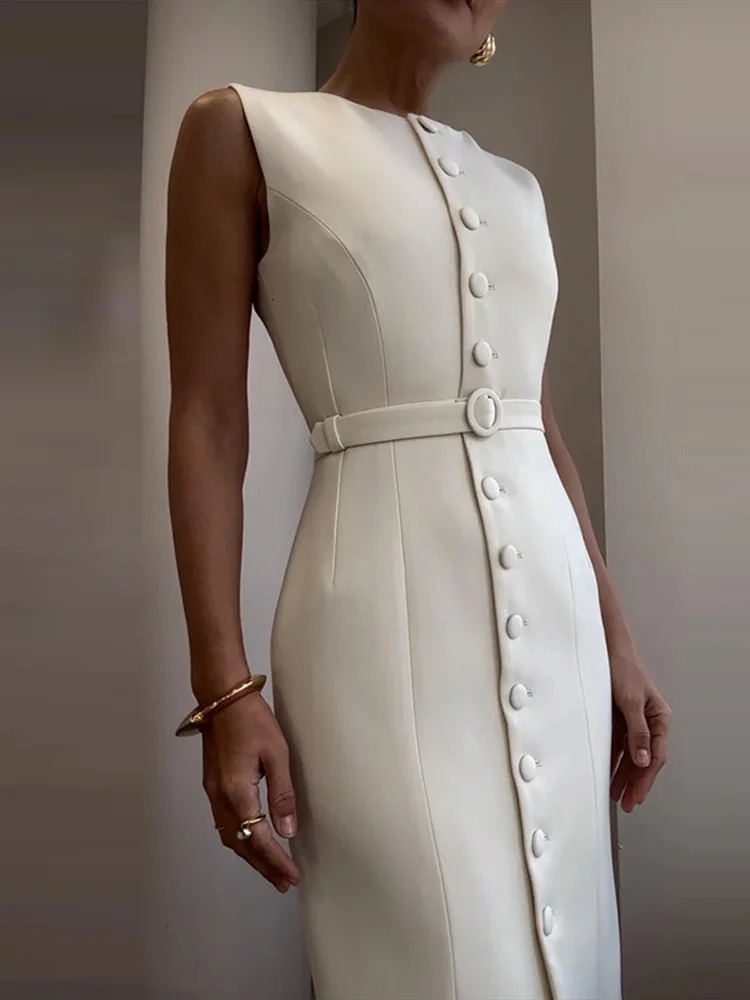 Suit Sleeveless Lace Up Midi Dress Women Elegant O-neck Single Breasted Slim Fit Party Evening Dresses Fashion Office Lady Robes 250813