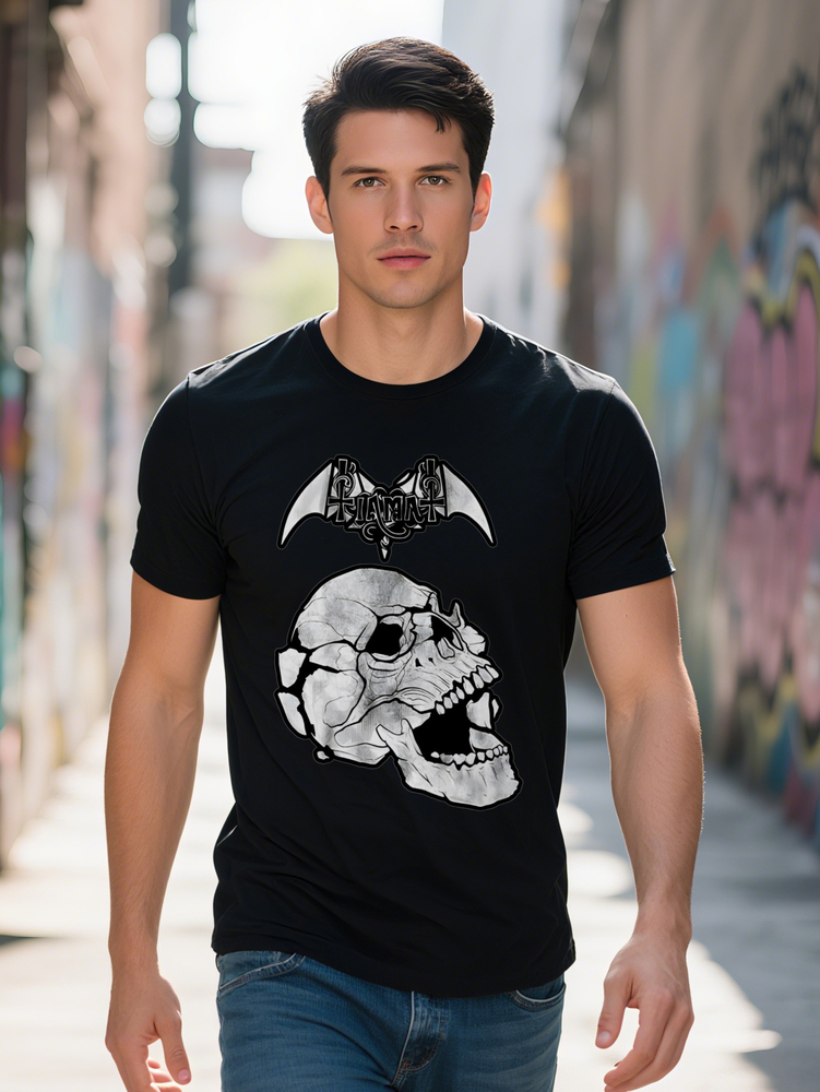 s Skull Bat Wing Graphic Print Casual T-Shirt Black Round Neck Summer Top Regular Fit Tee for Men Unique