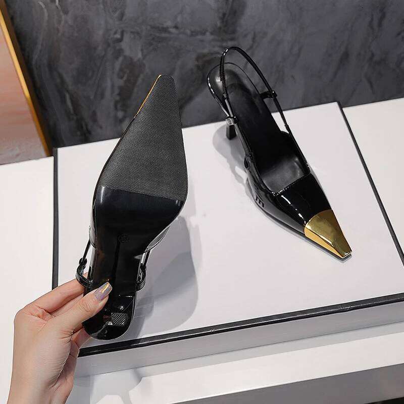 New Summer Women's High-heeled Sandals Gold Iron Patent Leather Black Stiletto Square Head Closed Toe Sling Back Shoes