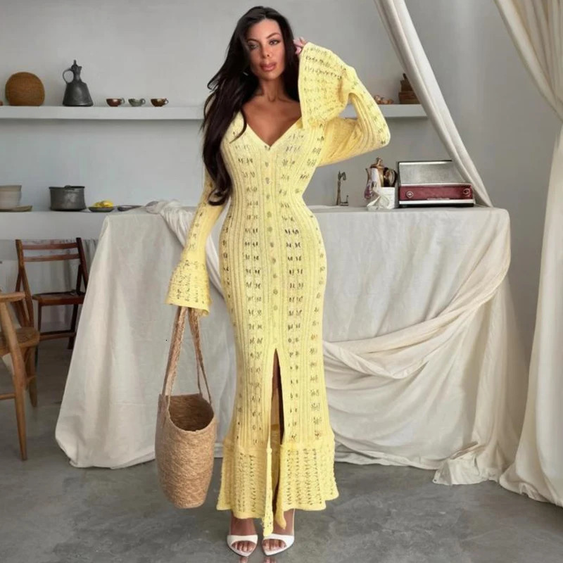 Tornova Fashion Hollow Knitted Dress For Women Flared Long Sleeve Casual Vacation Maxi Dress Summer Buttons Dress Knitwear 250813