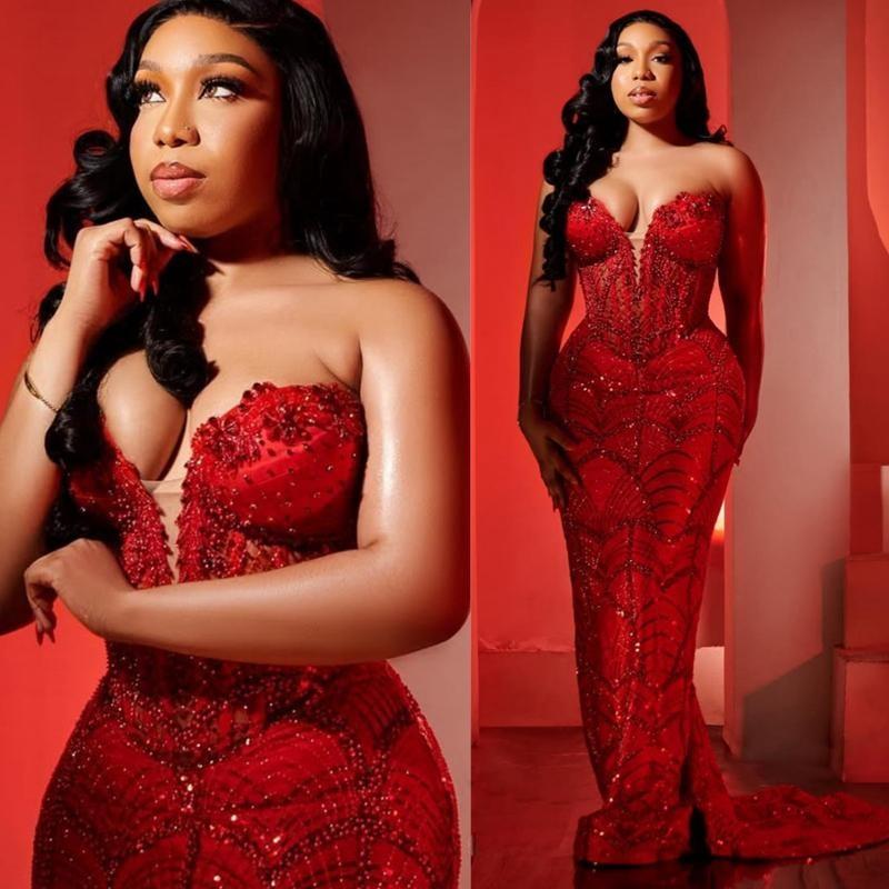2025 Plus Size Mermaid Red Prom Dresses Aso Ebi Beaded Lace Illusion Sweetheart Beaded Lace Crystals Flora Birthday Dress Second Reception Gown AM2098