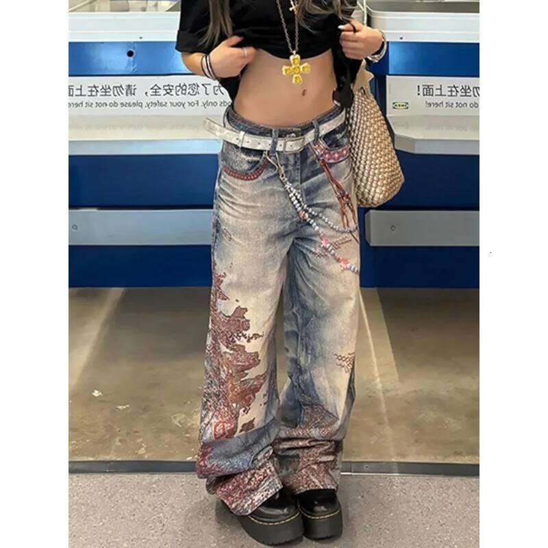 American High Street Casual Women's Jeans Straight Leg Print Deconstructed Denim Pants Loose Fit Comfortable Fashion Summer