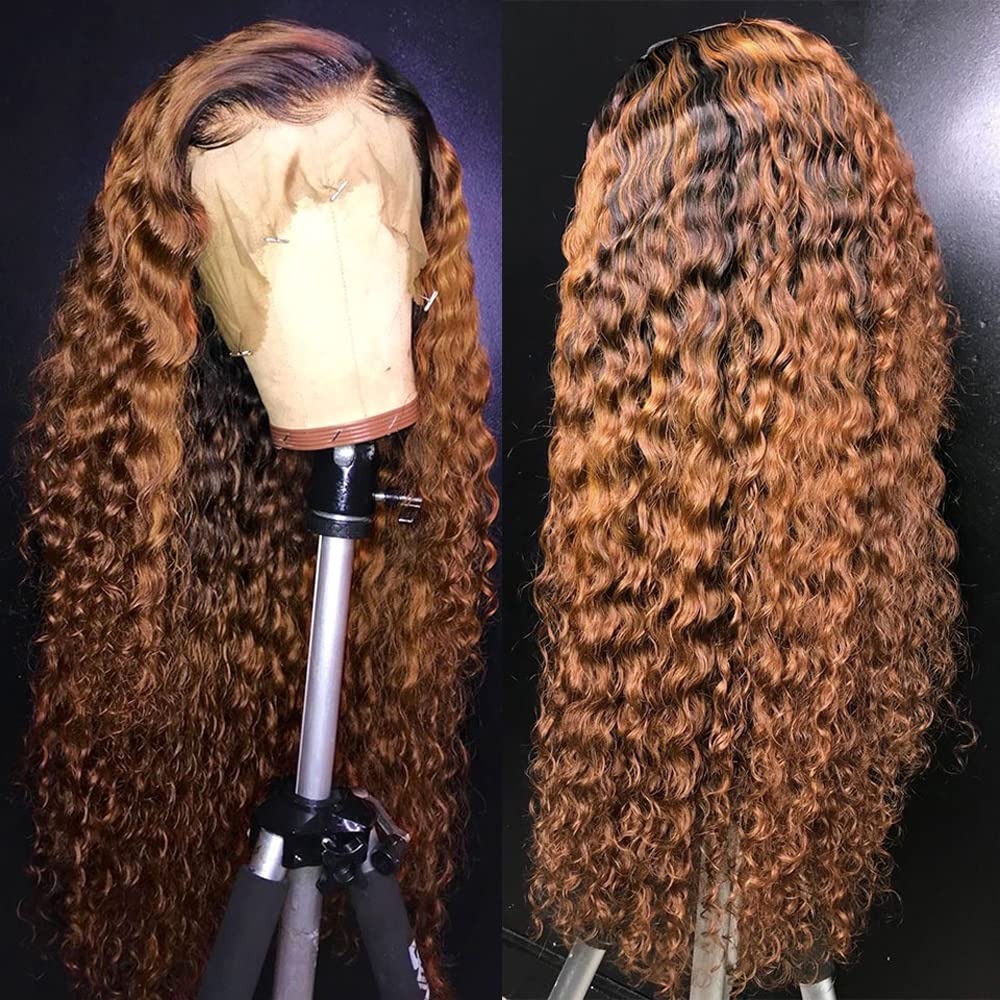 Deep Wave Lace Front Wigs Ombre Auburn Brown with Black Roots Glueless Wigs Pre-plucked Synthetic Water Wave Frontal Wig with Baby Hair