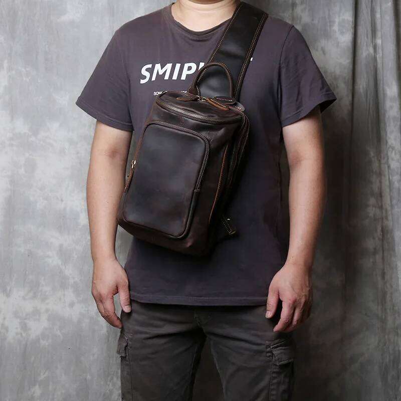 Personalized Retro Crazy Horse Leather Chest for Men's Head Layer Cowhide Fashion Multi functional Casual One Shoulder Bag