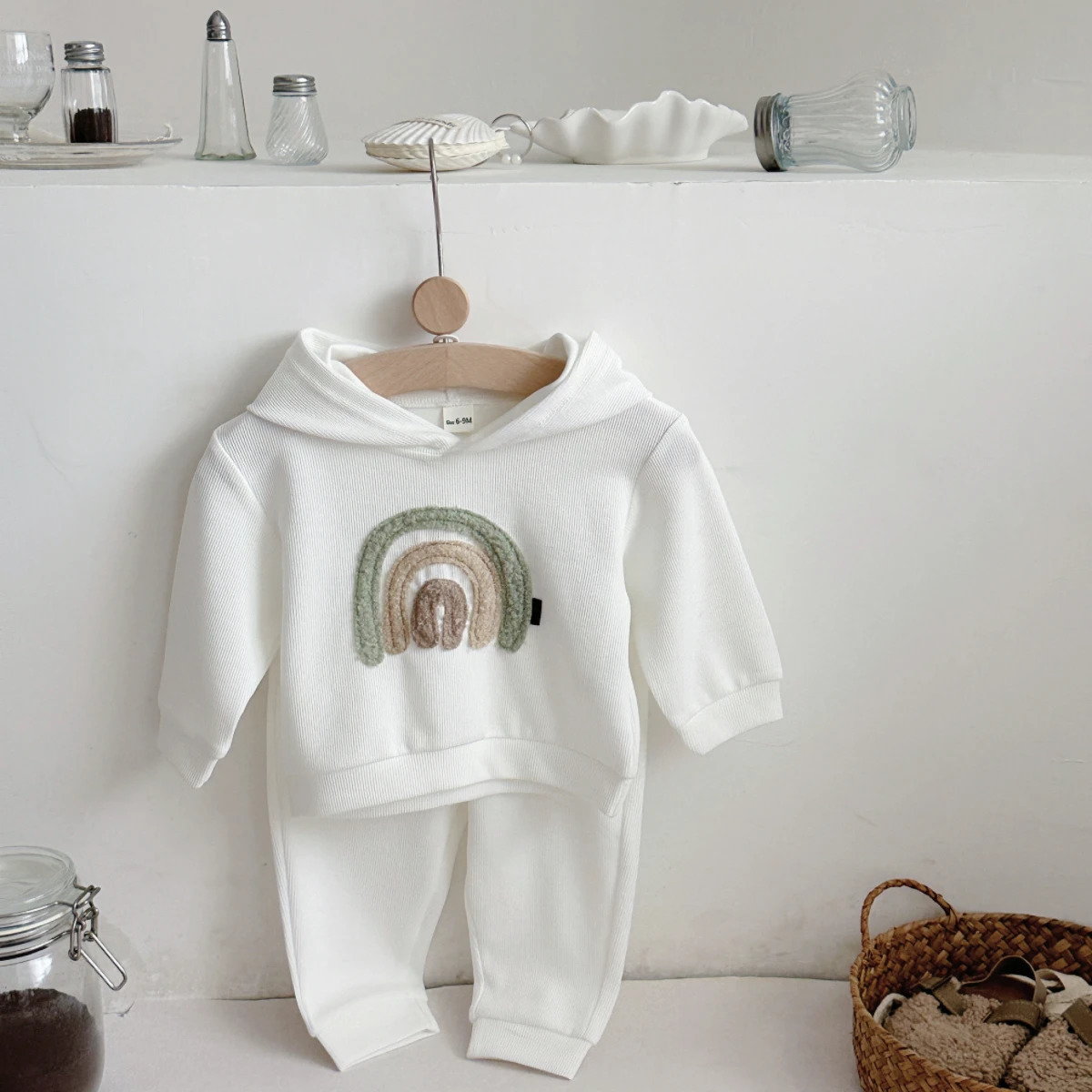 Spring Autumn Baby Boys Girls Fashion Tracksuit Set Casual Rainbow Patch Hoodie White Trousers Suit Outfits Tracksuits 2Pcs/set 250813