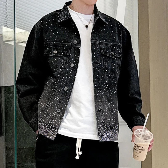 Spring Casual Hip Hop Rhinestones Denim Jacket Fashion Drilling Men Denim Slim Fit Bomber Jacket Men Black Denim Jacket 250811
