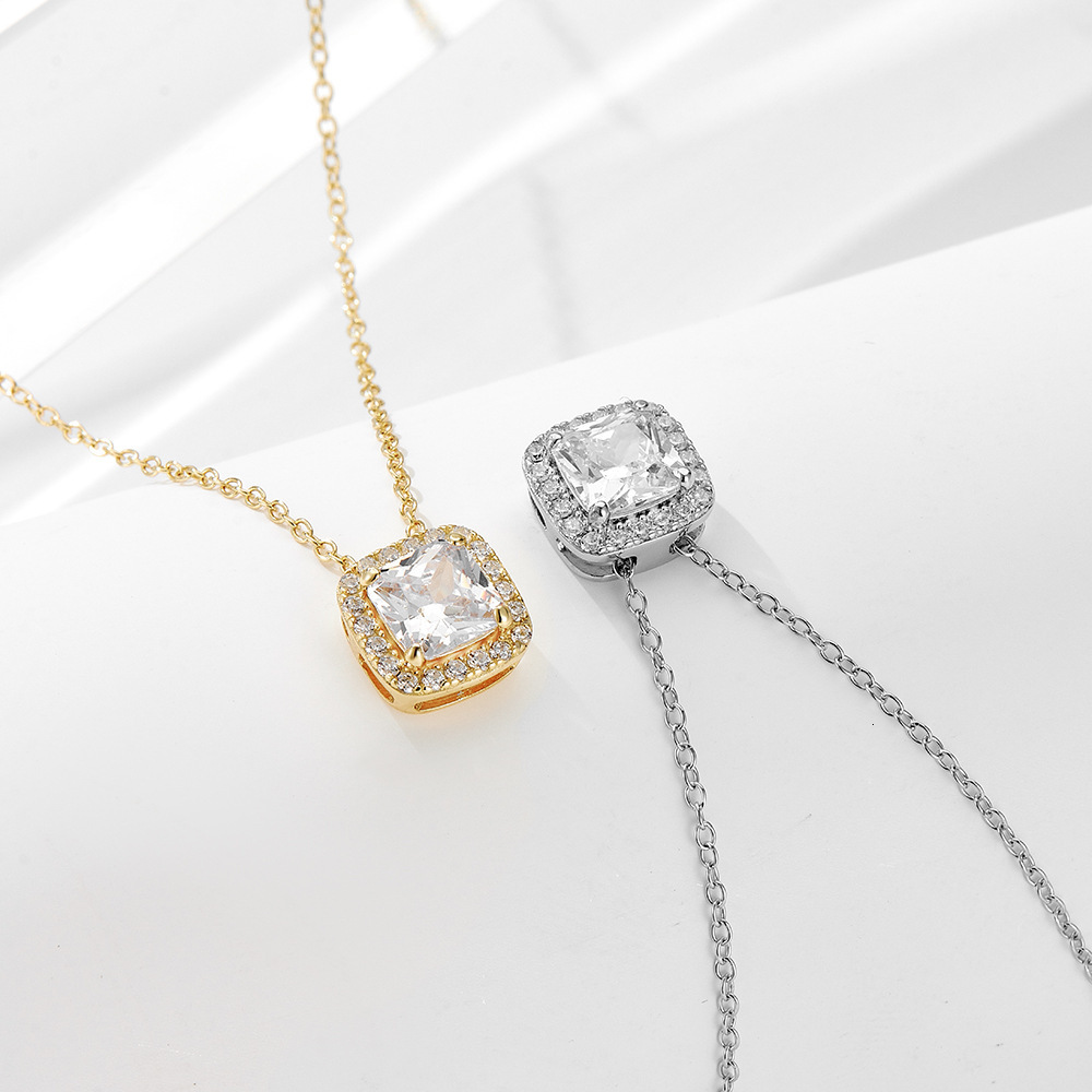 S Pure Sier Fashion Geometric Square Zircon Pendant for Women Simple Ins Versatile Necklace Collarbone Chain Jewelry for Women
